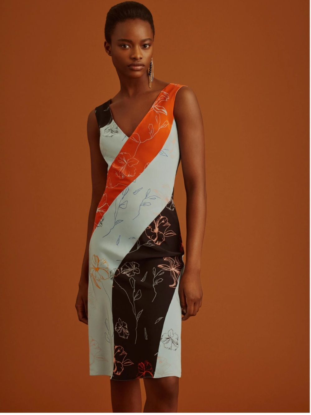 Rag & Bone Sleeveless Colorblock Floral Midi Dress in Light Blue, Orange & Black